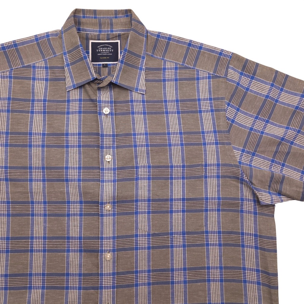 Charles Tyrwhitt‎ Classic Fit Plaid Short Sleeve Linen Blend Shirt Mens Large